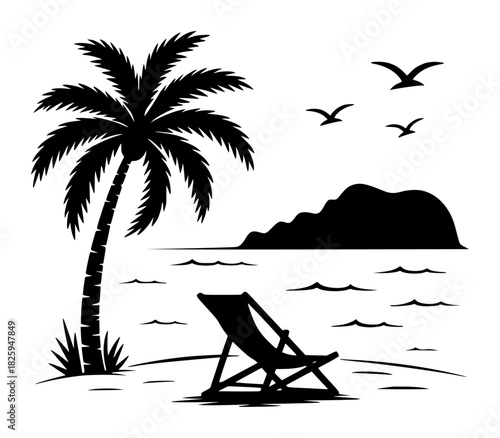 Tropical Beach Scene with Palm Tree, Deck Chair, Island, and Birds