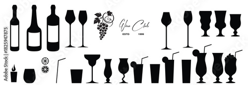 Handdrawn Wine Glass and wine bottle set