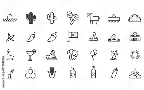 Simple line art icons representing mexican culture with sombrero cactus maracas donkey chili flag pyramid cocktail balloons and sunrise
