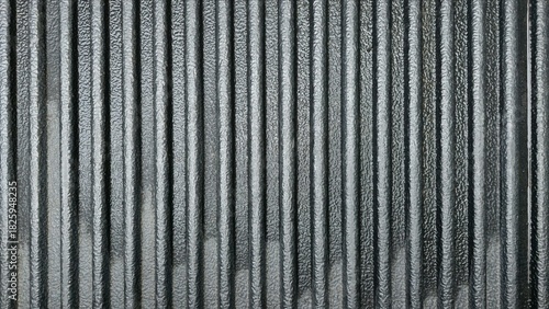 Black truck bed liner with deep vertical grooves. The surface is rough, durable, and wet-damp. Ideal as an industrial background or for use as a surface pattern.