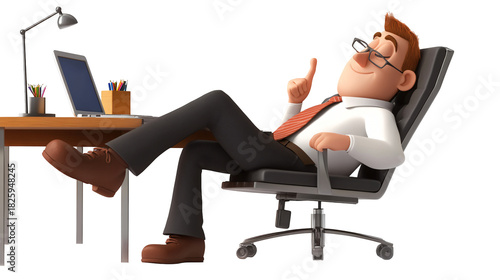 Relaxed Cartoon Businessman at Desk in Office Chair