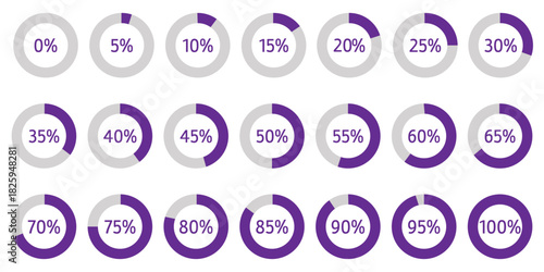 Set of circular percentage diagrams from 0 to 100 for infographics, including 0, 5, 10, 15, 20, 25, 30, 35, 40, 45, 50, 55, 60, 65, 70, 75, 80, 85, 90, 95, and 100. Vector percentage infographics. 