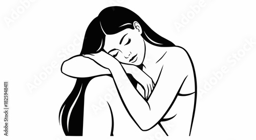 Serene Woman Resting with Arms Embracing Knees in Minimalist Line Art.