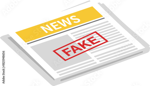 Fake news awareness concept, illustrated newspaper with bold fake stamp, misinformation warning graphic, media literacy symbol, false information alert illustration