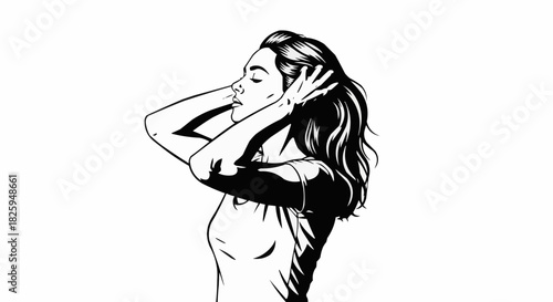 Monochromatic illustration of a woman with hands near her head, eyes closed, in a moment of reflection or peace.
