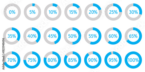 Set of circular percentage diagrams from 0 to 100 for infographics, including 0, 5, 10, 15, 20, 25, 30, 35, 40, 45, 50, 55, 60, 65, 70, 75, 80, 85, 90, 95, and 100. Vector percentage infographics. 