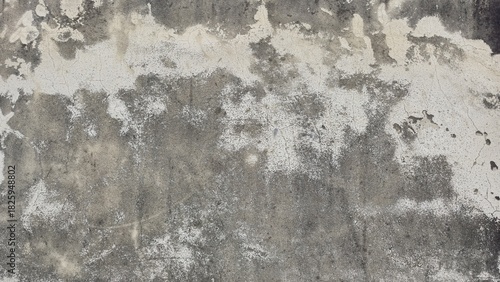 Weathered grey cement surface with visible cracks, dirt stains, and peeling paint. The material shows signs of significant wear and age.