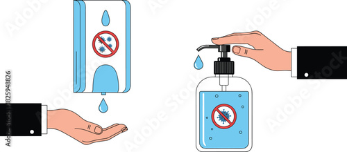 Hand sanitizer dispenser and pump bottle illustration showing proper hygiene, virus prevention, liquid antiseptic use, health safety concept, clean hands awareness