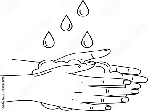 Hand washing illustration showing soapy hands and falling water drops, hygiene awareness concept, cleanliness, sanitation, health safety, disease prevention graphic