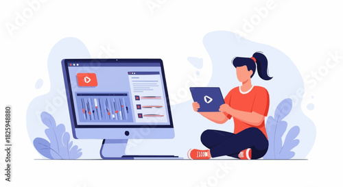 Woman working on a computer and tablet, managing online content and digital tasks.