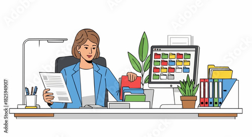 Professional businesswoman meticulously organizing files at her office desk.