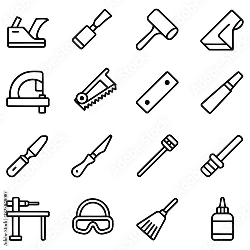 Woodworking tools icons collection containing equipment for carpentry crafting and diy projects for home improvement and construction
