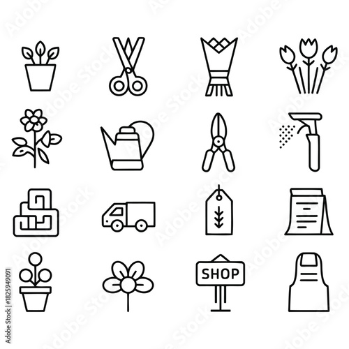 Gardening icons collection containing tools plants flowers and floral elements for agriculture landscaping and horticulture designs in outline