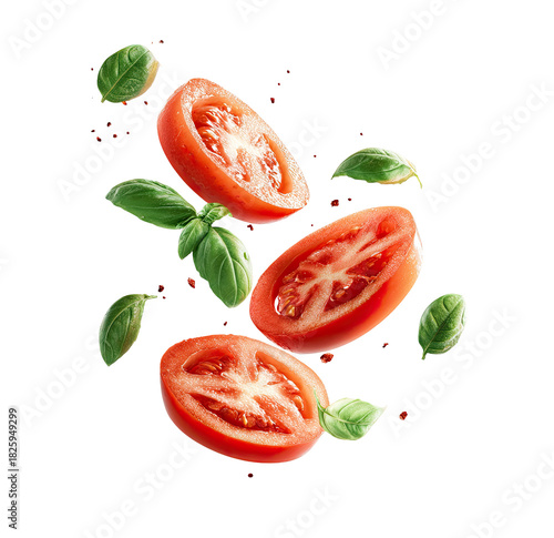 Sliced fresh tomatoes and green basil leaves suspended mid-air