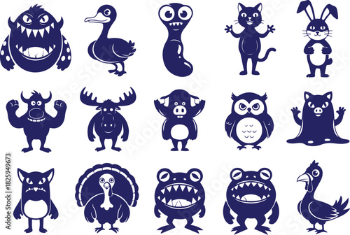 Vector art of collection of funny cartoon monsters and animals silhouettes 