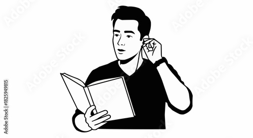Line art illustration of a young man reading a book and listening.