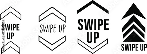 Minimal swipe up arrow icon set, bold upward chevron symbols, social media direction labels, modern call-to-action graphic design elements