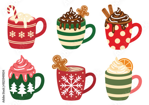 Winter Holiday Cups Vector Illustration Featuring Mugs With Hot Chocolate, Cocoa, Coffee, Whipped Cream, Marshmallows, Gingerbread Cookie, Candy Cane, and Cinnamon Sticks in Festive Seasonal Design