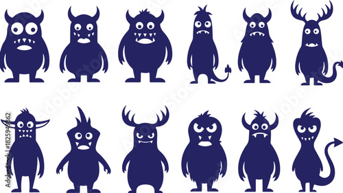 Vector art of collection of cute and funny blue cartoon monsters