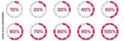 Percentage infographics minimal elements. Round diagrams icons for infographics from 10 to 100 percent. Divided pie charts indicator layout. Circle graph loading progress mockup. Diagrams set.
