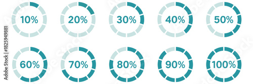 Percentage infographics minimal elements. Round diagrams icons for infographics from 10 to 100 percent. Divided pie charts indicator layout. Circle graph loading progress mockup. Diagrams set.