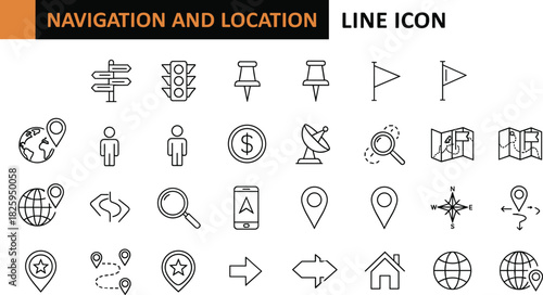 Navigation and location line icons set featuring maps, pins, GPS symbols, direction signs, global positioning, wayfinding tools, and travel guidance elements