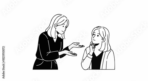 Two women engaged in a conversation discussing something important together.