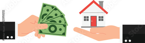 Real estate buying transaction illustration with money exchange, property investment deal, house purchase agreement, financial payment and home ownership concept graphic