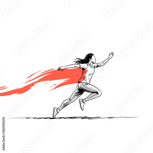Athletic woman running swiftly with dynamic movement and energy in a minimalist design concept