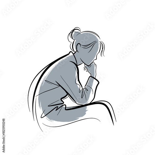 Contemplative silhouette of a woman sitting thoughtfully in graceful line art 