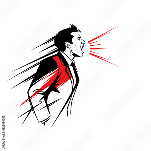 Dynamic illustration of a shouting man in a suit with motion lines in bold colors