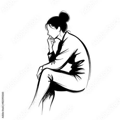 Thoughtful woman sitting in a reflective posture in a minimalist design concept