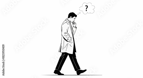 Man walking and thinking with a question mark above his head.