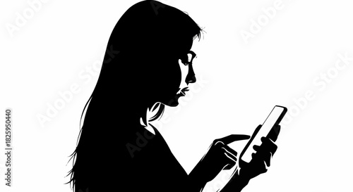 Silhouette of a woman engrossed in her phone, focused and engaged.