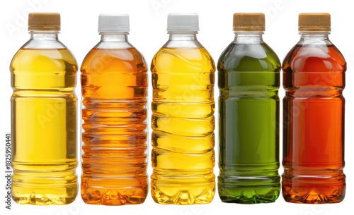 Five plastic bottles containing colorful beverages