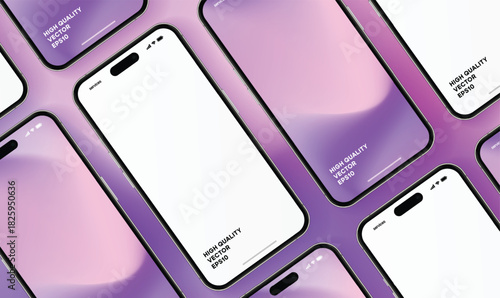 A grid of smartphone mockups some with blank screens others with a pinkpurple gradient design against a matching background