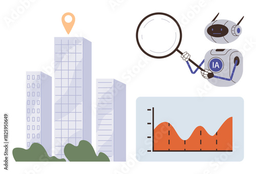AI robot inspects data trends using magnifying glass near tall buildings and orange graph. Ideal for technology, urban planning, innovation, data analysis, automation, business strategy, future