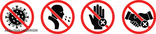 Red prohibition signs showing virus prevention rules including no virus, no coughing, no touching hand, and no handshake safety icons