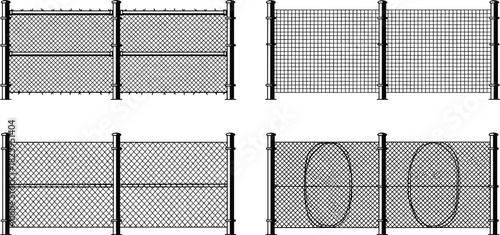 Set of detailed chain link and wire mesh fence illustrations for security barrier design, boundary protection, property safety, construction sites and industrial areas