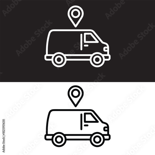 Delivery van icon with location pin simple line art vector illustration for mobile app design isolated on white and black background