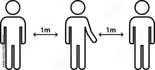Social distancing illustration showing three stick figure people standing one meter apart, safety guideline concept, minimal line art design