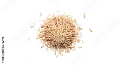 Pile of uncooked brown rice grains, top view, isolated on transparent background