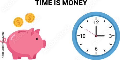 Time is money concept illustration featuring piggy bank, gold coins and clock symbolizing financial savings, productivity and time management value
