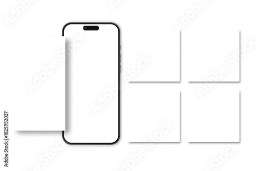 A phone stands to the side with four squares