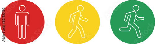 Traffic safety icons showing standing, walking, and running human figures, colored signal circles, pedestrian instruction symbols for navigation and safety design