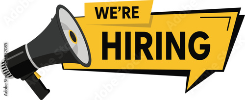 We’re hiring announcement banner with megaphone, bold recruitment message, job vacancy promotion design for business employment advertising and HR marketing use