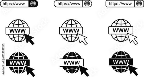 Web browser address bar and global www internet icons with cursor click symbols, digital website access illustration for online browsing concepts