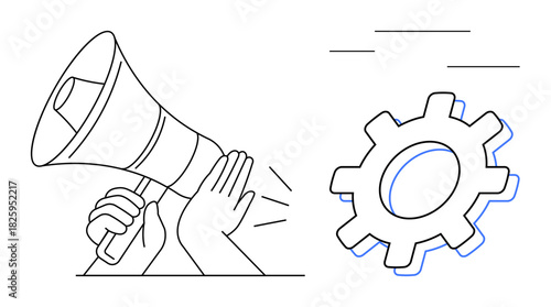 Hands holding a megaphone alongside a gear symbolizing teamwork, communication, productivity, innovation, collaboration, leadership, and workflow. Ideal for business promotion and communication