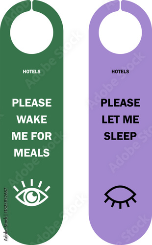 Hotel Door Hangers for Meals and Sleep Request Set: Wake Me Up and Do Not Disturb Concept