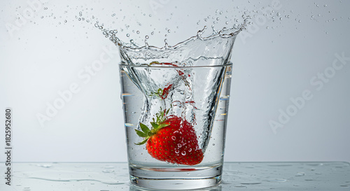 A ripe red strawberry creates a dramatic splash as it is dropped into a clear glass of fresh water against a clean white background